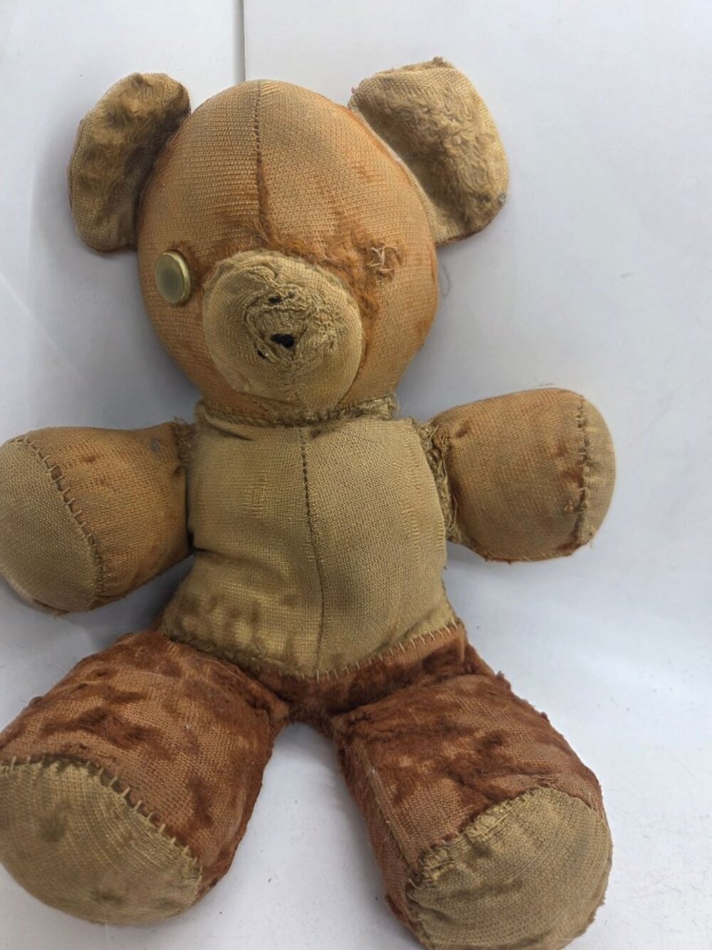 VTG c1900s? Handmade Stuffed Teddy Bear Plush Mid Century 14" Metal jiggle eye